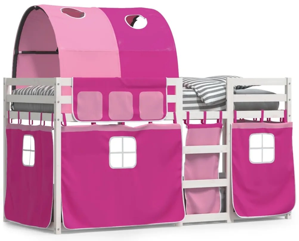 3283999 vidaXL Двуетажно легло със завеси розово 90x190 см масивен бор масив