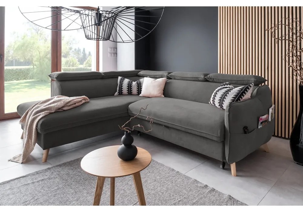 Тъмносив ъглов разтегателен диван от кадифе (ляв ъгъл) Sweet Harmony - Miuform