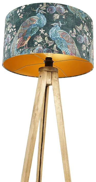 Трипод винтидж дърво с абажур павлин зелен 50 см - Tripod Classic
