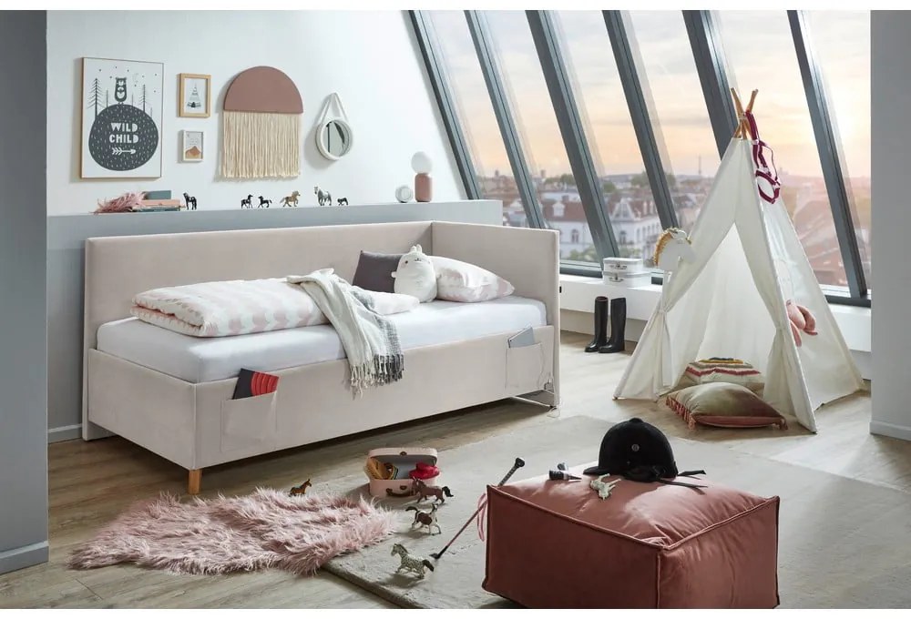 Бежово тапицирано ъглово детско легло 90x200 cm без ламелно дъно Cool – Meise Möbel