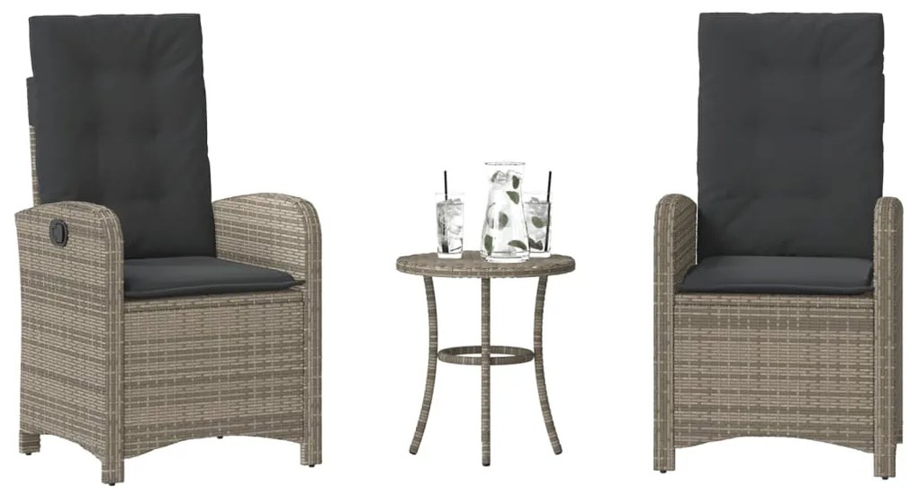 365179 vidaXL Бистро комплект с възглавници 3 части сив полиратан