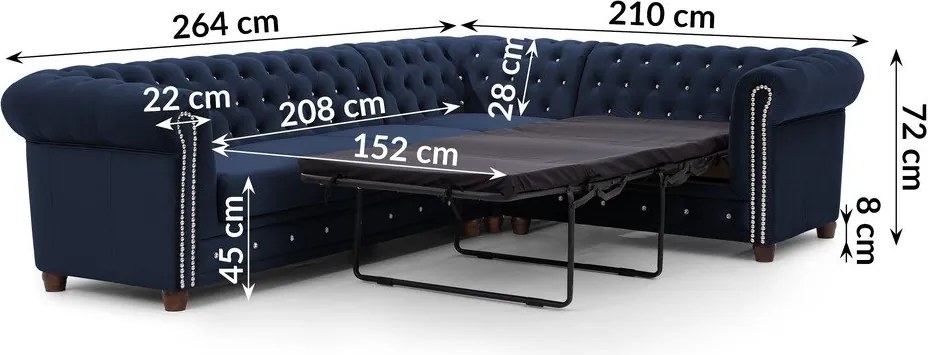 Син кадифен разтегателен ъглов диван (десен ъгъл L форма) York Blik – Ropez