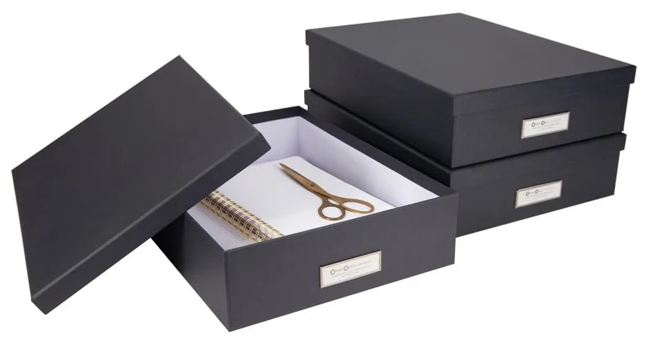 Тъмно сива кутия за съхранение с етикет за име за документи, размер A4 Oskar - Bigso Box of Sweden