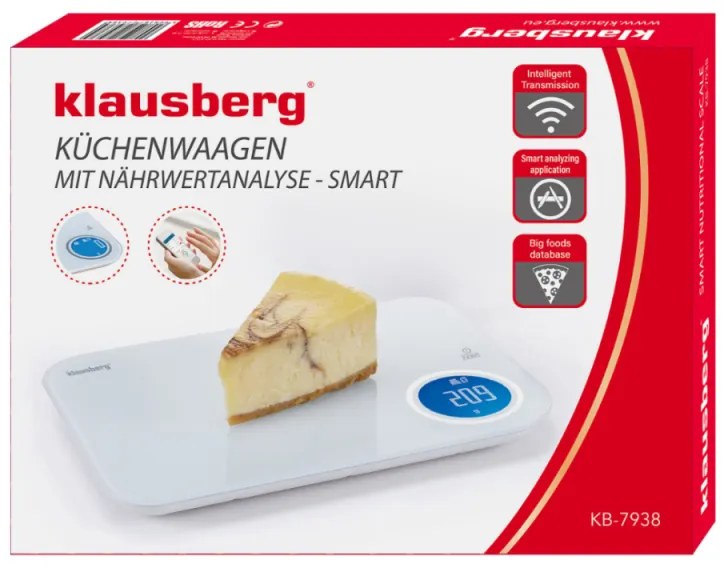 Кухненска везна Klausberg KB 7938, 5 Kg, Bluetooth, Мобилно приложение, LCD, ТАРА, 4 показателя, Течности, Индикатори, Бял/син