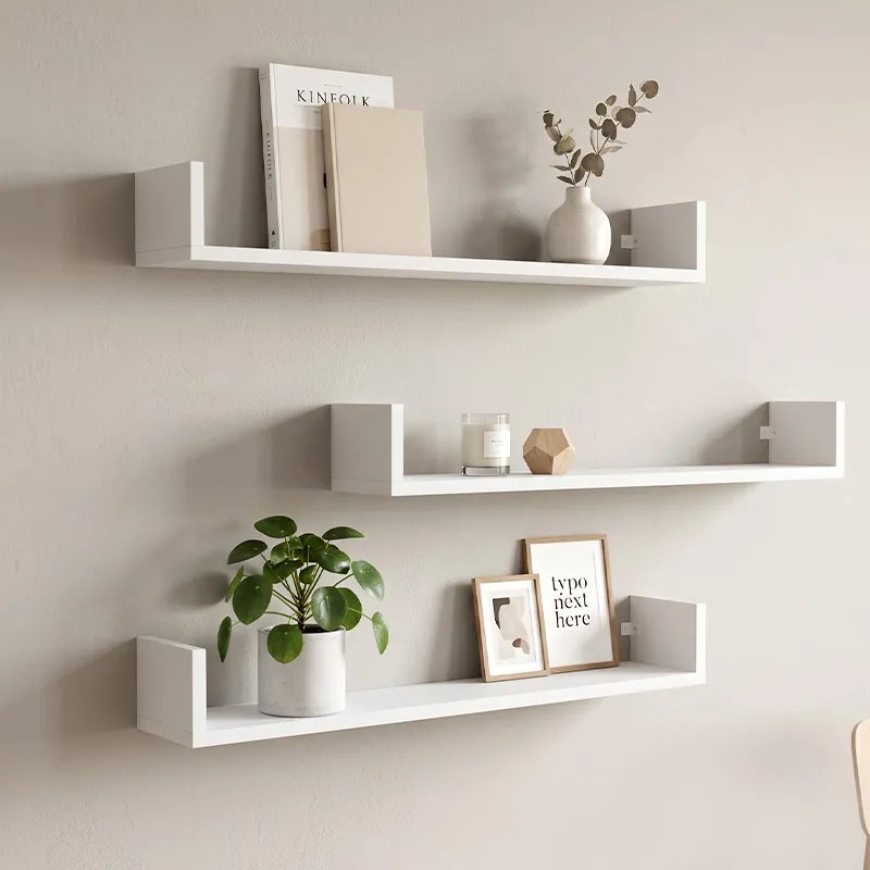Тъмни стенни рафтове TopMebel от меламин, комплект от 3 в бял цвят 90x15x12cm.