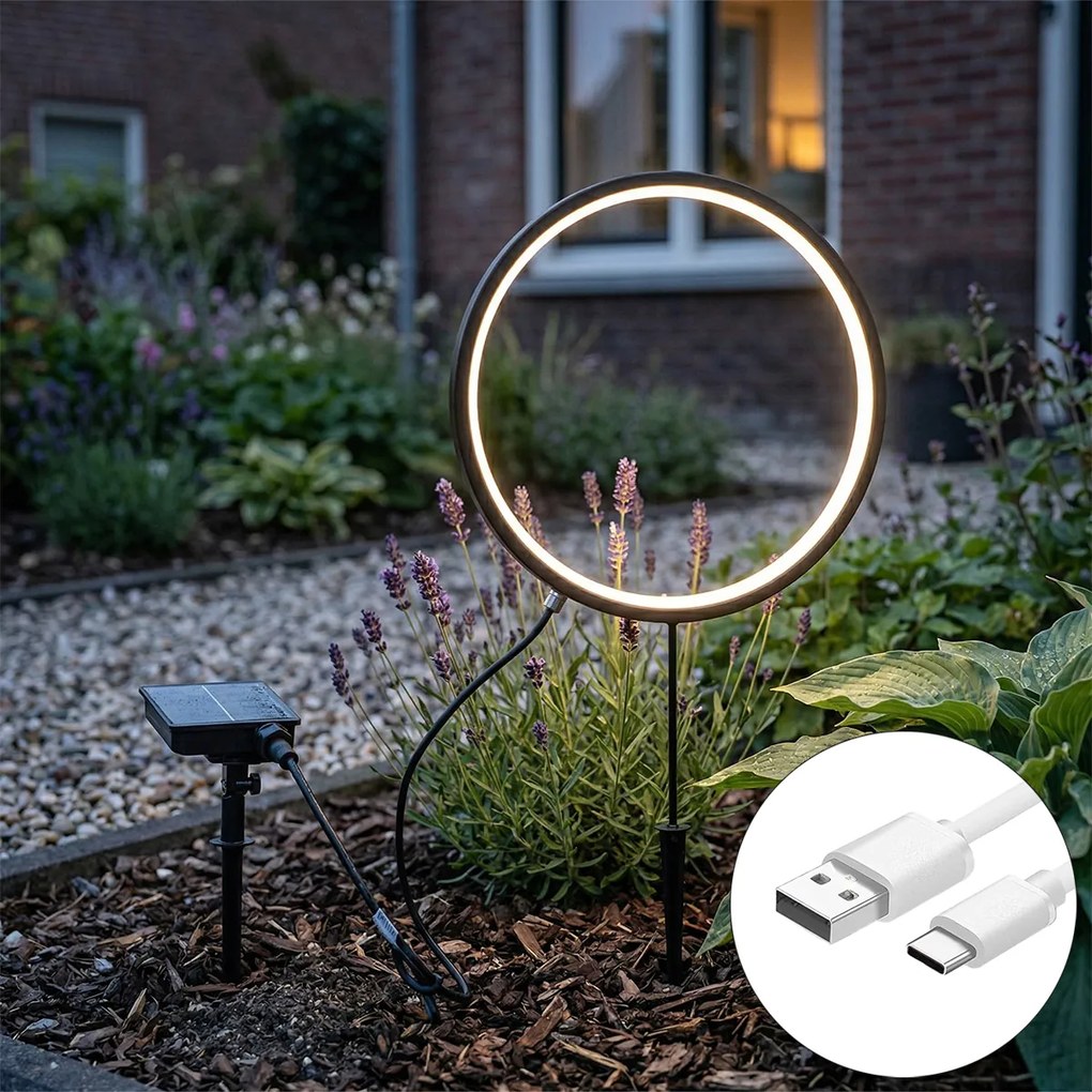 Шпикова лампа черна 60 см с презареждаема LED и слънчева IP65 - Adalind