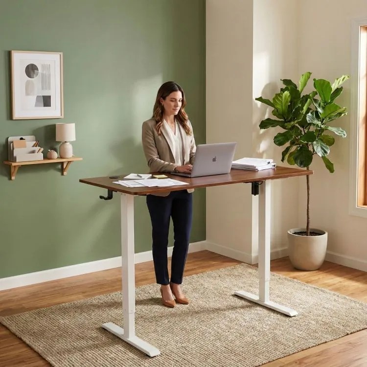 Електрическа работна маса с регулиране на височината и бели крака - 120 x 60 cm Кафяво