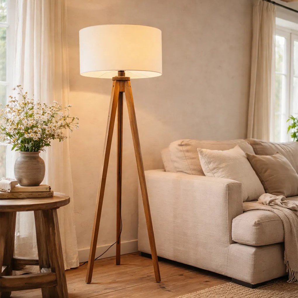 Ръстичен трипод винтидж дърво с бял абажур 50 см - Tripod Classic