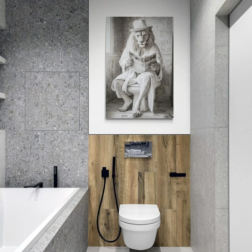 Картина на платно – Бял лъв с вестници в тоалетната