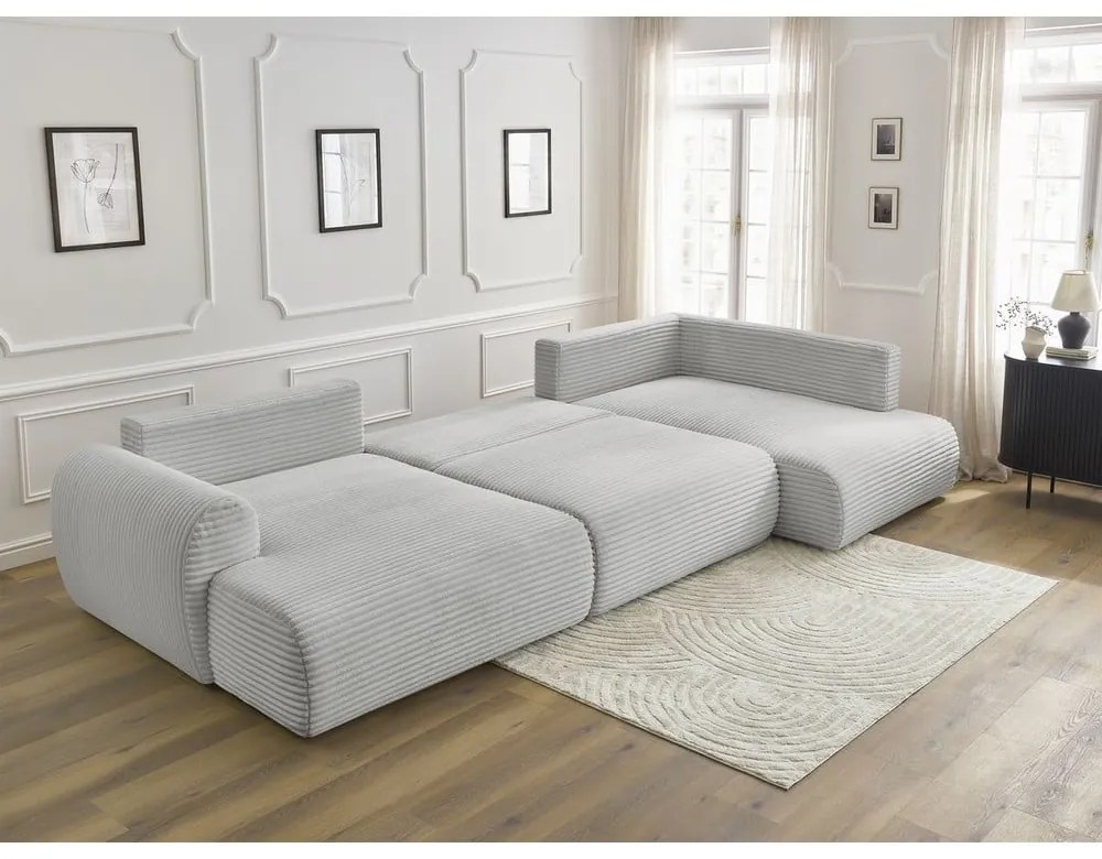 Светлосив сгъваем/с място за съхранение ъглов диван от рипсено кадифе (десен ъгъл/U форма) Lucien – Bobochic Paris