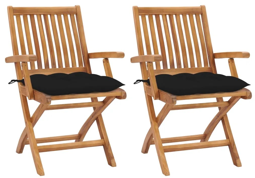3062428 vidaXL Градински столове, 2 бр, черни възглавници, тиково дърво масив
