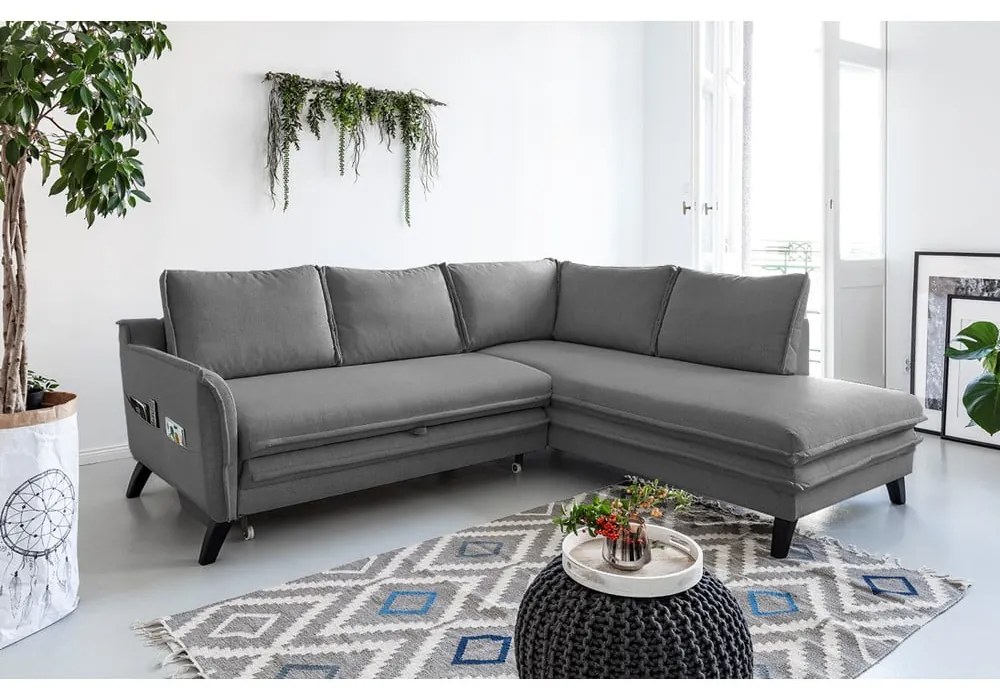Сив ъглов разтегателен диван десен ъгъл Charming Charlie - Miuform
