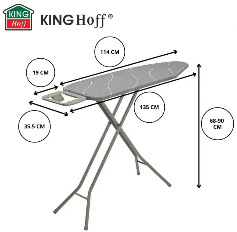 Маса за гладене Kinghoff KH 1939, 114x35.5 см, 7 позиции за регулиране, Поставка за ютия, Сив