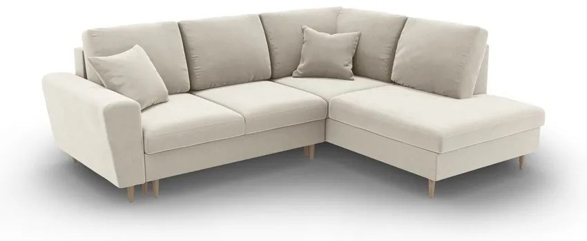 Бежов кадифен разтегателен ъглов диван с място за съхранение (десен ъгъл/L форма) Kyoto – Cosmopolitan Design