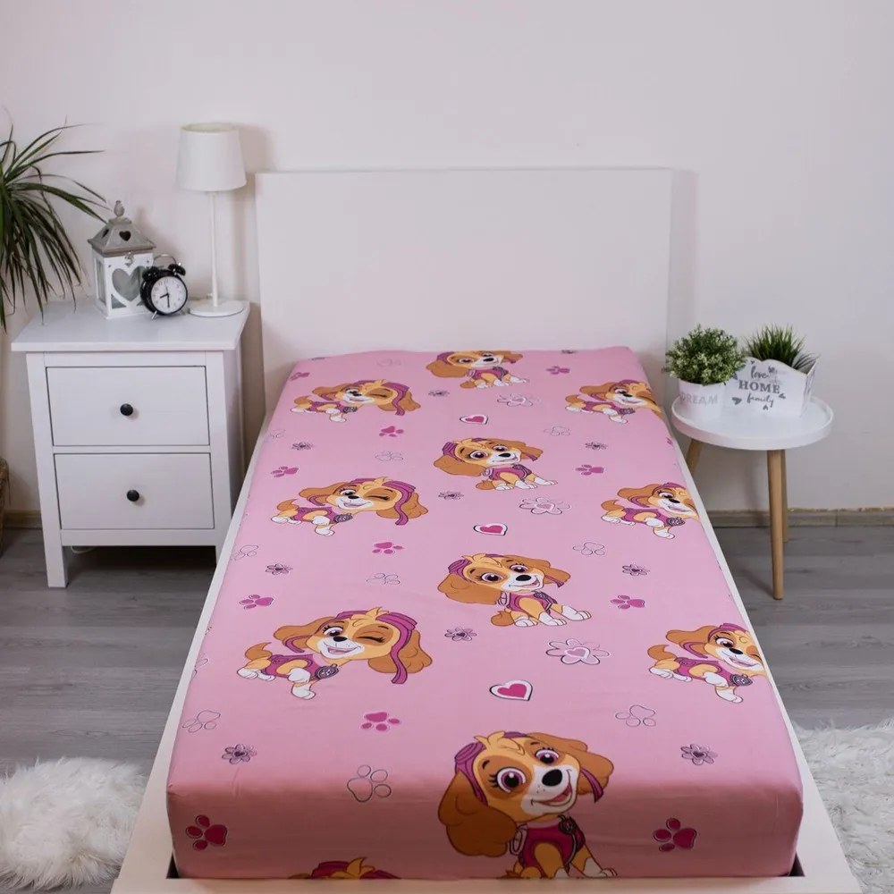 Розов еластичен единичен памучен детски чаршаф 90x200 cm Paw Patrol – Jerry Fabrics