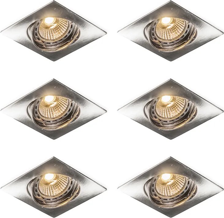 Комплект от 6 наклоняеми вградени прожектора стомана квадрат - Edu