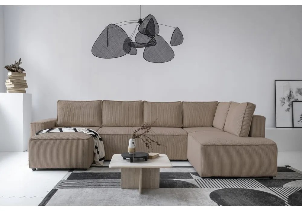 Бежов разтегателен ъглов диван от рипсено кадифе (десен ъгъл/"U" форма) Brave Dave – Miuform