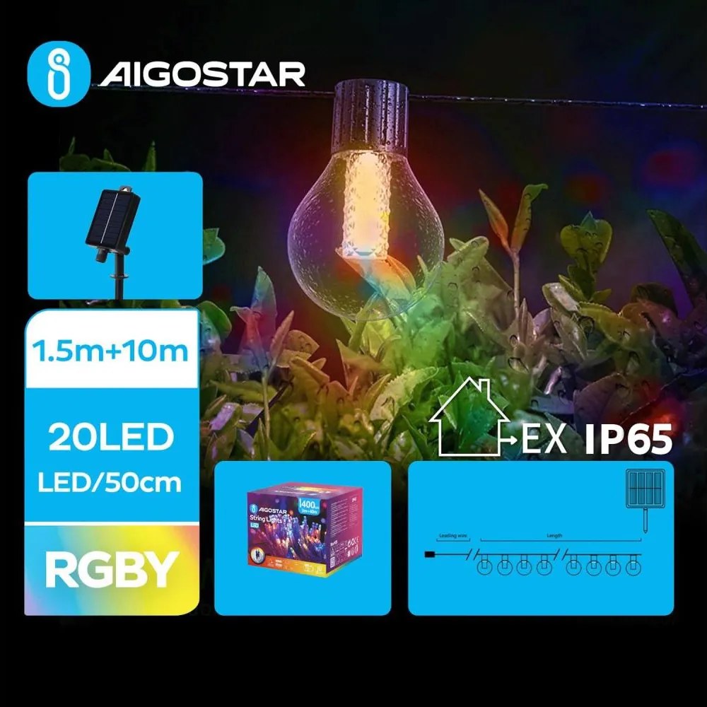 Aigostar - соларна LED гирлянда 20xLED/8 режима 11,5 м IP65 многоцветна