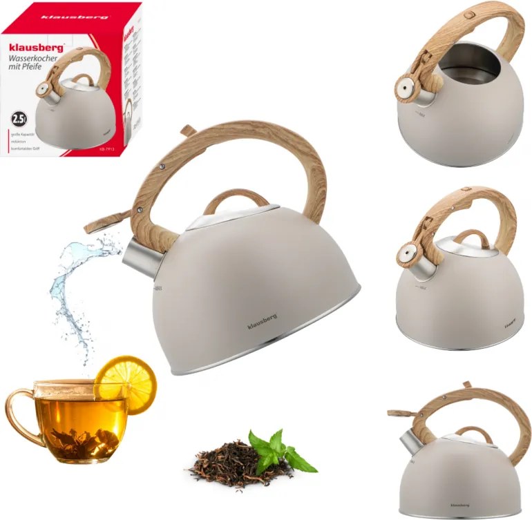 Свирещ чайник Klausberg KB 7913, 2.5 л, Дръжка с дървесен ефект, Индукция, Бежов