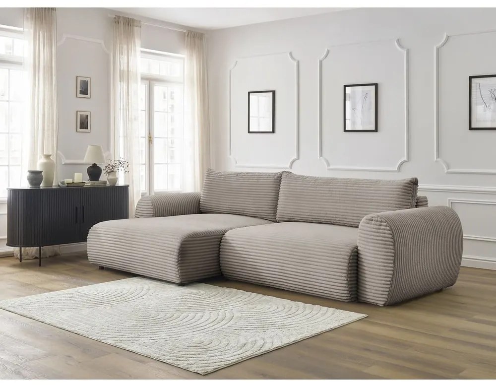 Светлосиво-бежов разтегателен ъглов диван от рипсено кадифе (ляв ъгъл) Lucien – Bobochic Paris