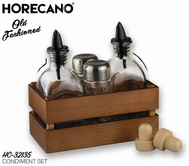 Стъклен оливерник от 5 части в дървена касетка венге OLD FASHIONED (HC-32135) - Horecano