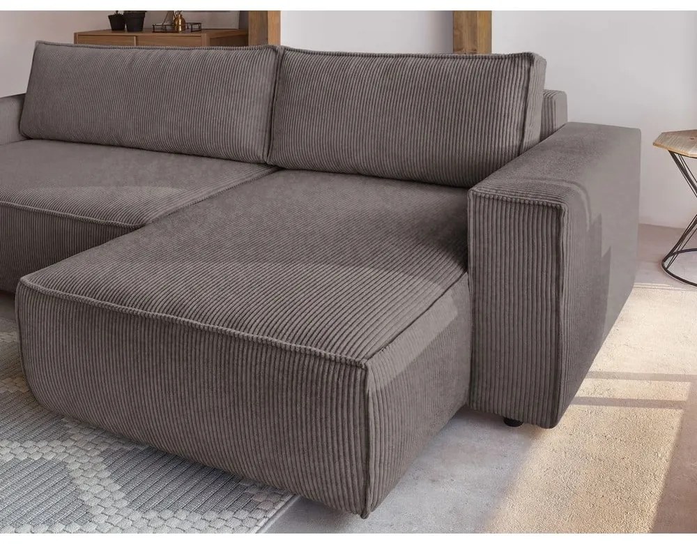 Кафяво-сив сгъваем/с място за съхранение ъглов диван от рипсено кадифе Nihad – Bobochic Paris