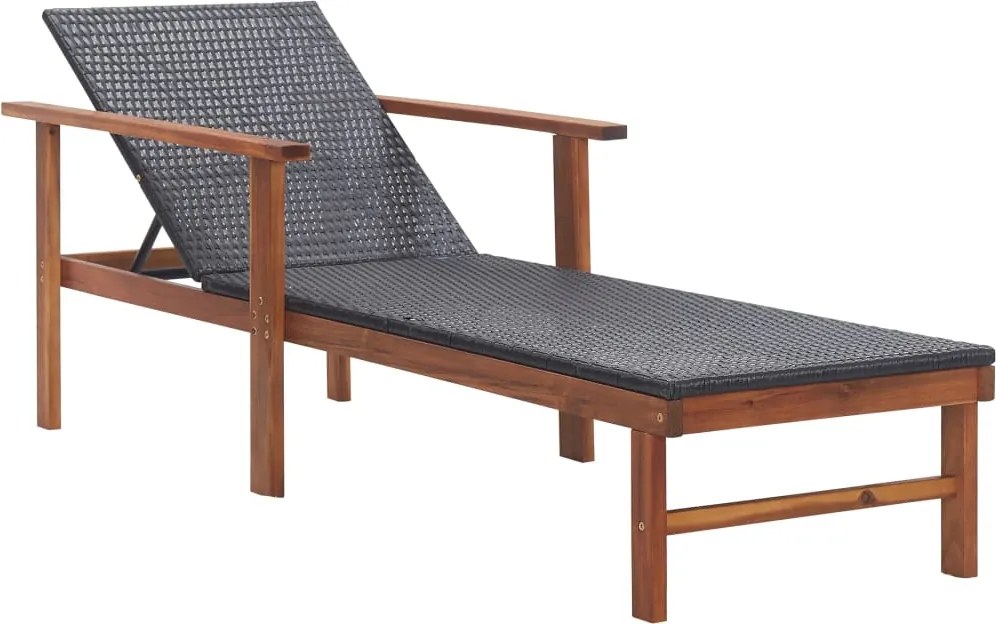 48707 vidaXL Шезлонг с възглавница, полиратан и акация масив, черен