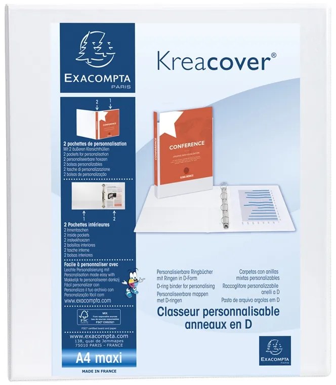 Exacompta Папка Kreacover, А4, с 4 ринга, 3 джоба, 64 mm, бяла