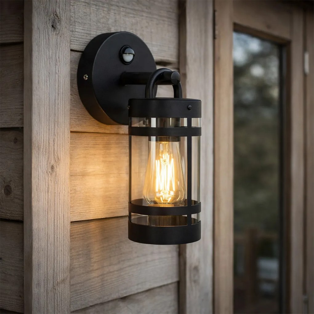 Външна стенна лампа черна IP44 с датчик за движение - Ruben