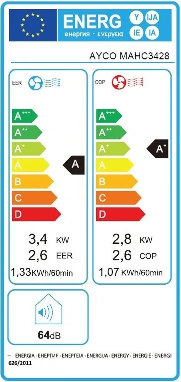 Мобилен климатик Ayco MAHC3428, 12000 BTU, Клас A, До 24 м2, 450 м3, 64 dB, Сензорно управление, Бял