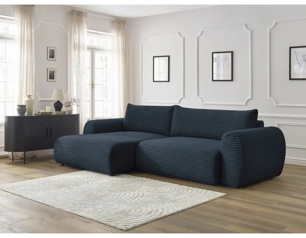 Тъмносин разтегателен ъглов диван от рипсено кадифе (ляв ъгъл) Lucien – Bobochic Paris