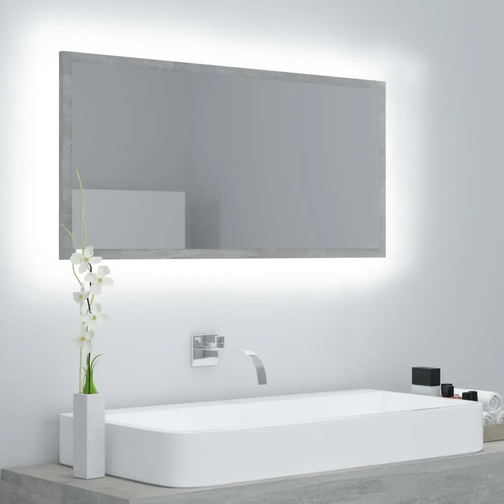804936 vidaXL LED огледало за баня, бетонно сиво, 90x8,5x37 см, акрил