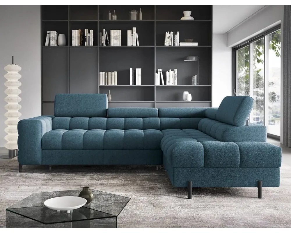 Син сгъваем/с място за съхранение ъглов диван от прежда с примки от букле (десен ъгъл/L форма) Ferucce – ELTAP