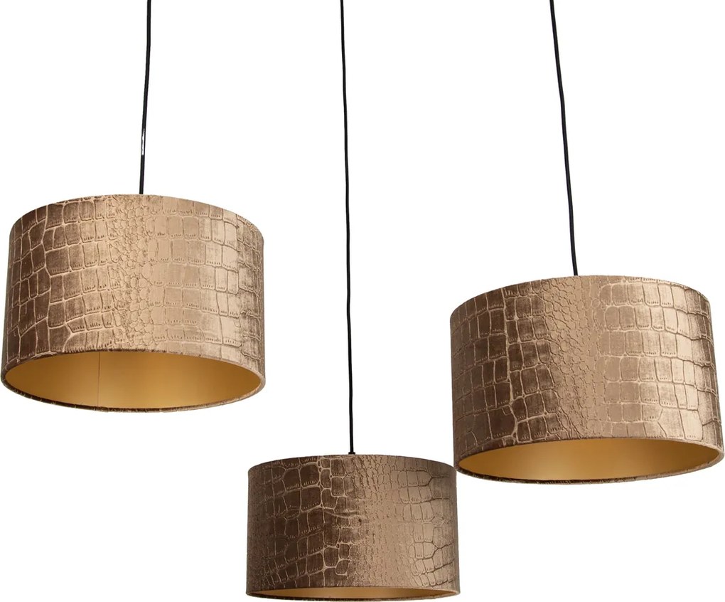 Висяща лампа черна с абажур с крокодилски принт и златист интериор 35 см 3 светлини - Cava