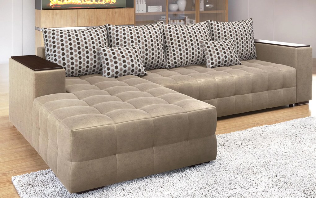 Разтегателен ъглов диван с подлакътник етажерка Мелвин