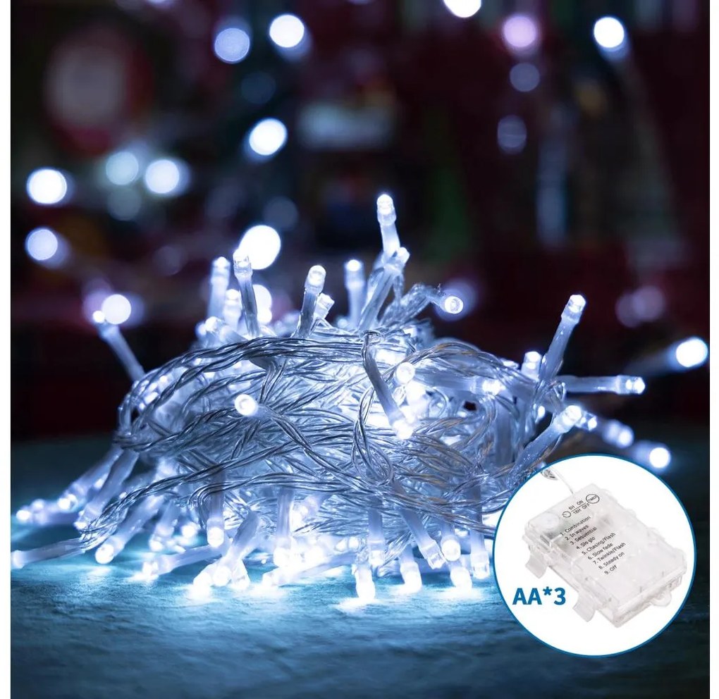 Aigostar -LED Екстериорни Коледни лампички 50xLED/8 функции 3xAA 5,3 м IP44 студено бял