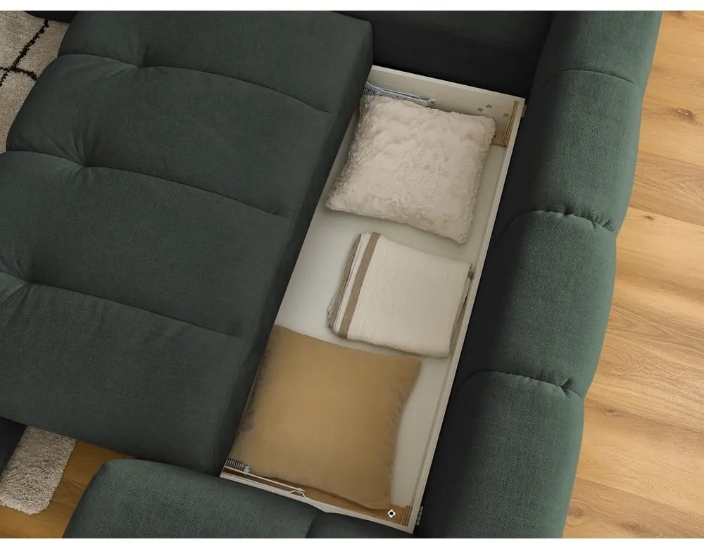 Зелен сгъваем/с място за съхранение ъглов диван (ляв ъгъл/L форма) Fuji – Bobochic Paris