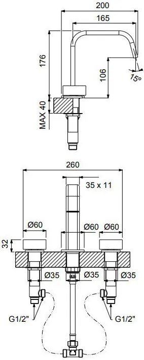 Смесител за мивка 3 отвора с кран Clic Clac Halo Vicario-Inox