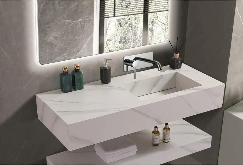 Мивка за баня PIETRA 12049/120W RIGHT БЕЗ ОТВОР, стенен монтаж, кварц, бял мат, 120x50x18см