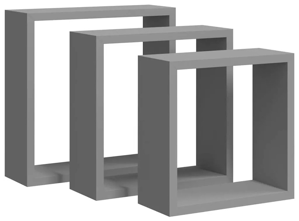 323951 vidaXL Стенни кубични рафтове, 3 бр, сиви, МДФ