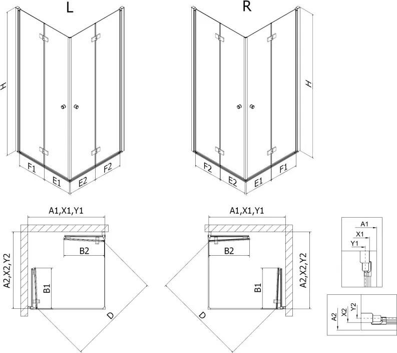 Mexen Mist-F Duo сгъваема душ кабина 90 x 90 см, прозрачна, четкано злато - 8A6-090L-090P-55-00