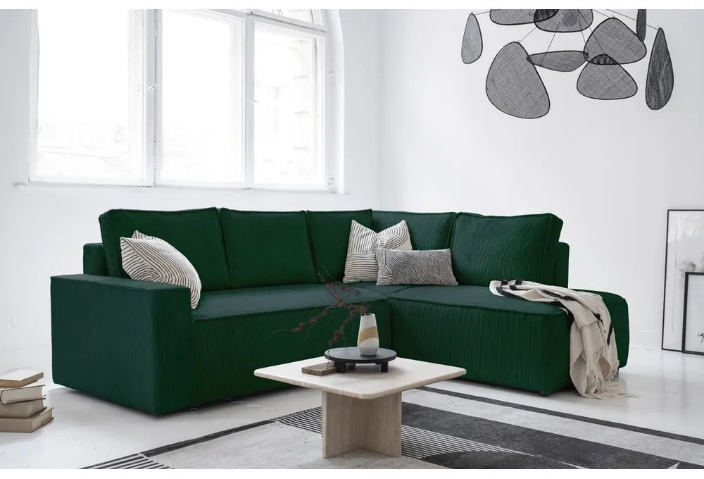 Тъмнозелен разтегателен ъглов диван от рипсено кадифе (десен ъгъл) Brave Dave – Miuform