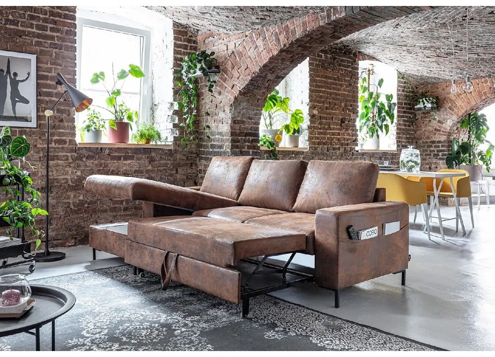 Винтидж кафяв кожен разтегателен диван, ляв ъгъл Lofty Lilly - Miuform