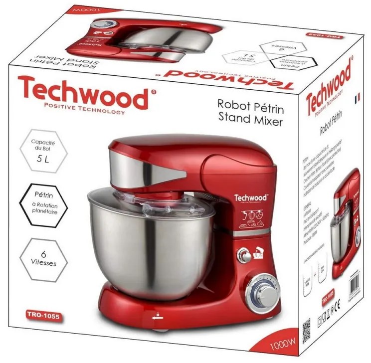 Планетарен миксер Techwood TRO-1055, 1000W, 5 литра, 6 скорости, 3 приставки, Червен/Инокс