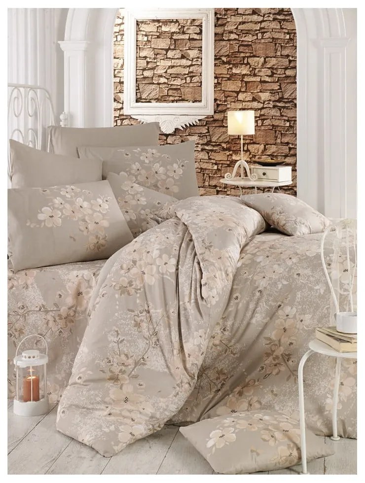 Бежово двойно /удължено памучно включено спално бельо с включен долен чаршаф 200x220 cm Elena – Mijolnir