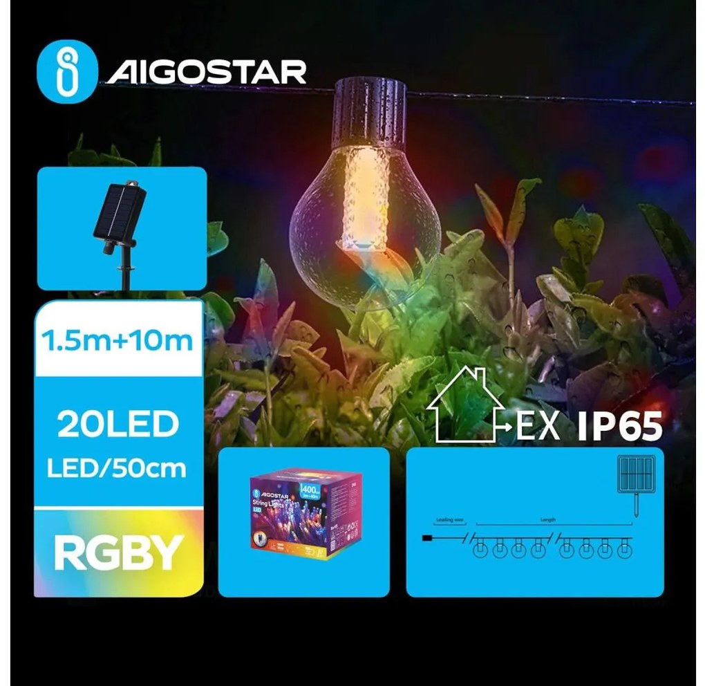 Aigostar - LED соларен коледен гирлянд 20 LED, 8 функции, 11,5м, IP65, цветен