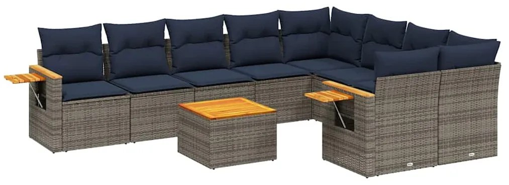 3227153 vidaXL Градински диван с възглавници, 10 части, полиратан, сив