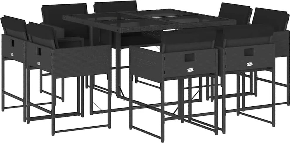 3211375 vidaXL Градински трапезен комплект възглавници 9 части черен полиратан