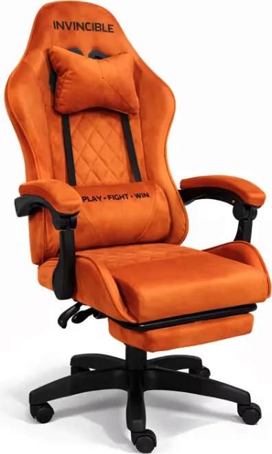 Оранжев геймърски стол с кадифена тапицерия и подвижна поставка за крака