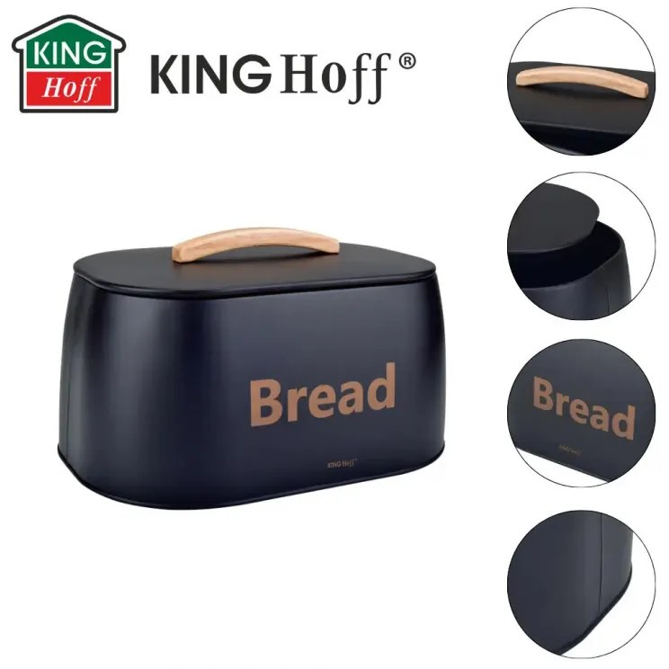 Кутия за хляб Kinghoff KH 1946, 35 см, Метално тяло, Дървена дръжка, Черен
